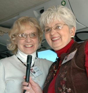 Larry's Helpers, Sharon and Lois, with the microphone